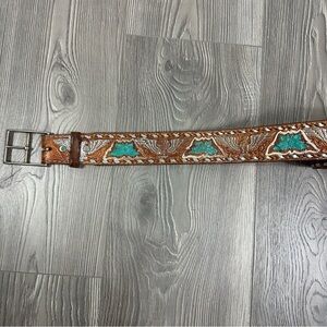 Vintage Brazos Joe Brown Leather Belt with Aqua Floral Pattern‎ Silver Eagles